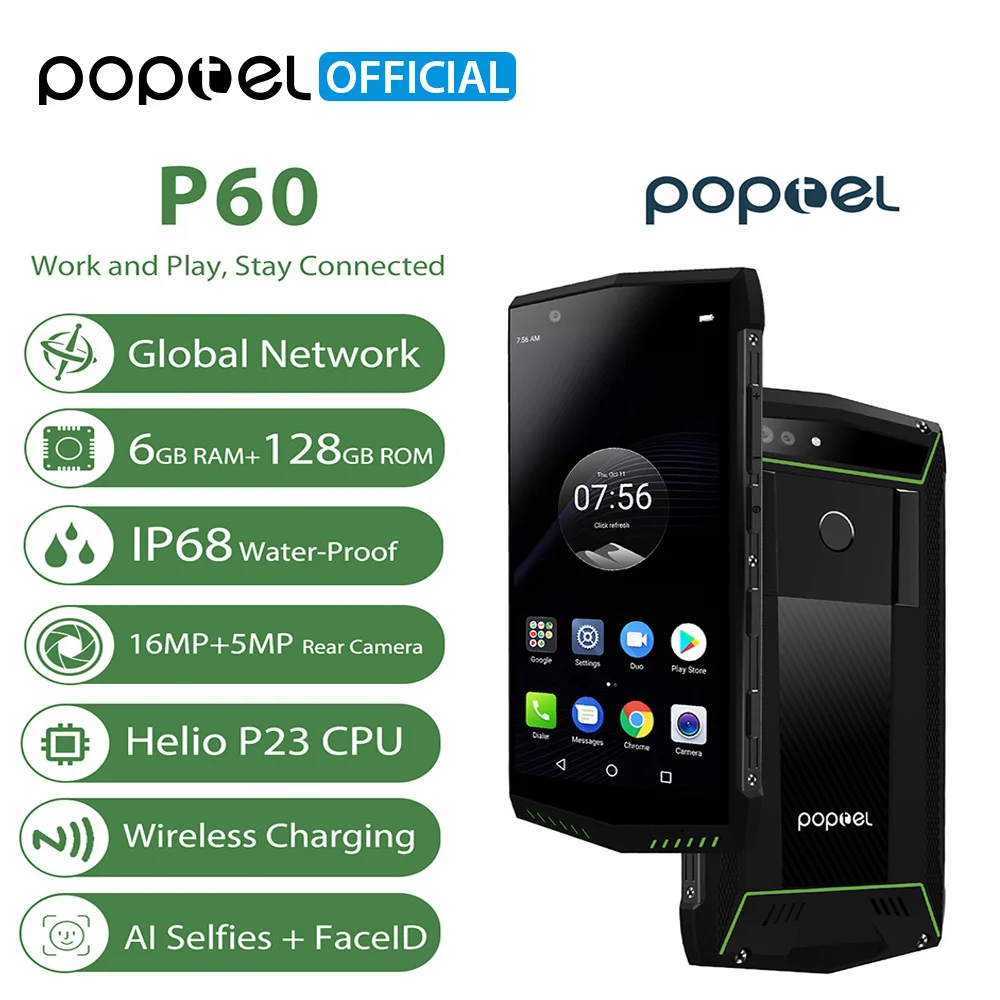 Poptel P60 прочный 4G мобильный телефон IP68 Водонепроницаемый 5 7 дюйма 6 GB 128 5000 mAh NFC