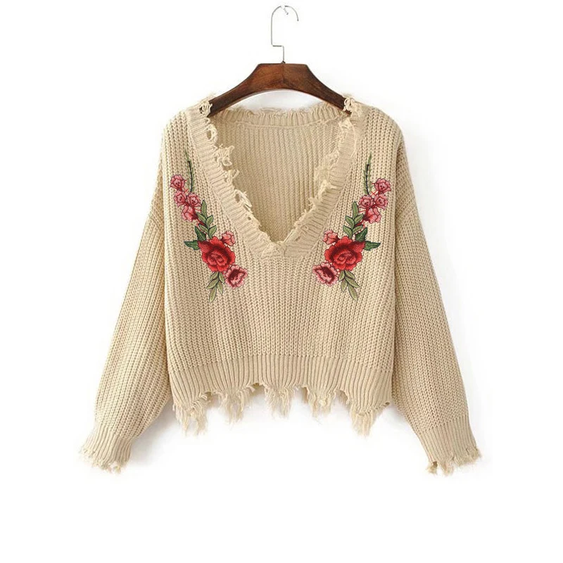 AECU Sweater Female Women's Embroidery Decal Loose Long Sleeve V-Neck Ripped Pullover Tassels Knitted Pull Femme Hiver | Женская