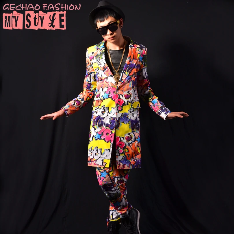 

Fashion cool Mans graffiti long Jacket Performance costumes Show stage hip hop jazz dance wear