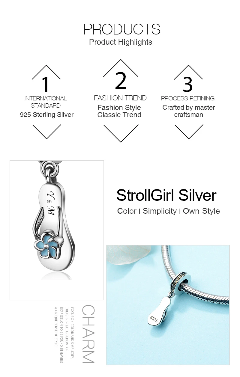Браслет Strollgirl Fit Pandora, Стерлинговое Серебро 925 пробы, голубые эмалированные тапочки, очаровательные милые желтые фианиты, подвески, бусины для женщин, ювелирные изделия