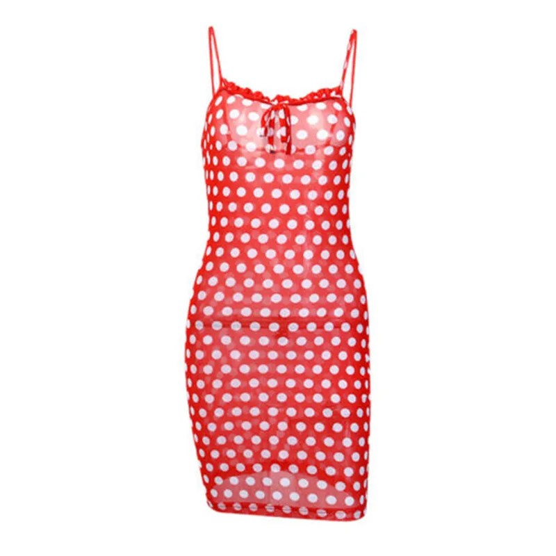 Сексуальное женское мини платье в горошек Сетчатое Прозрачное бикини для