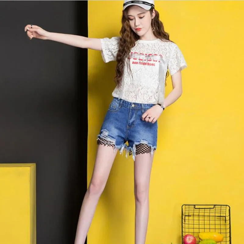Women 2018 summer fishnet hollow out mesh hot pants with holes loose casual wide leg crochet jeans short denim shorts for female | Женская