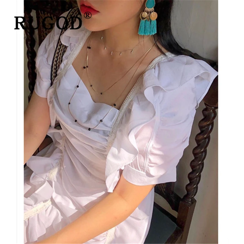 RUGOD корейское мини платье с оборками женское элегантное однотонные милые