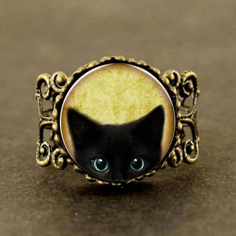 Винтажное стеклянное кольцо Алиса в стране чудес с черной кошкой индивидуальная