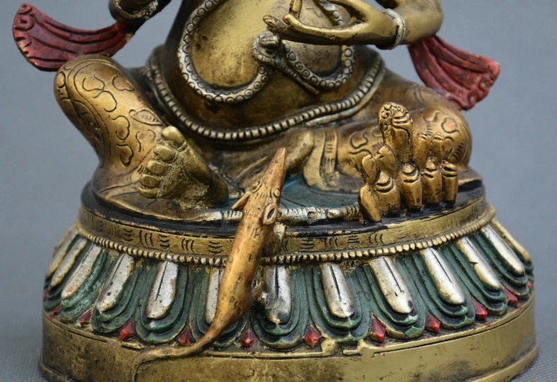 Тибетский буддизм чистый Бронзовый Цвет Окрашенные 4 руки слон Ганеш статуя