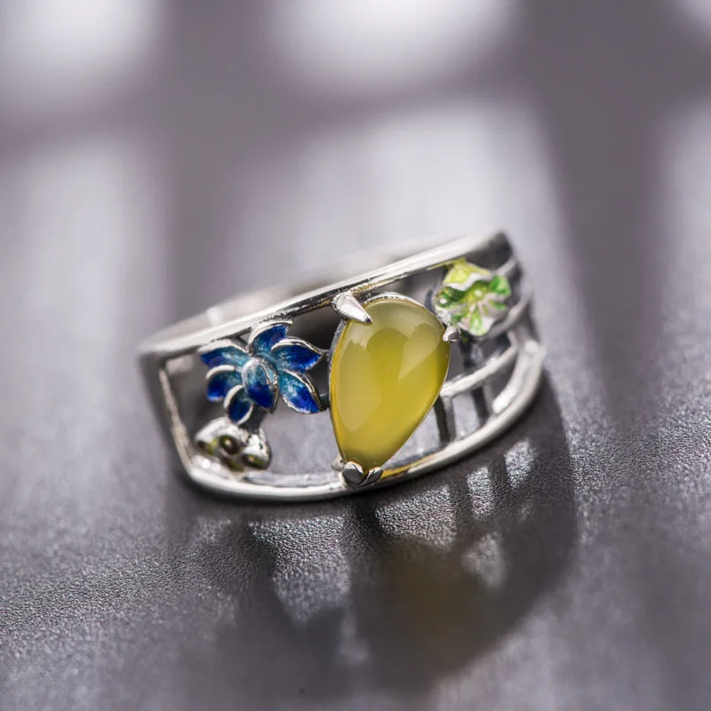 Женская мода Ретро стерлингового серебра 925 желтый и зеленый цвета камень