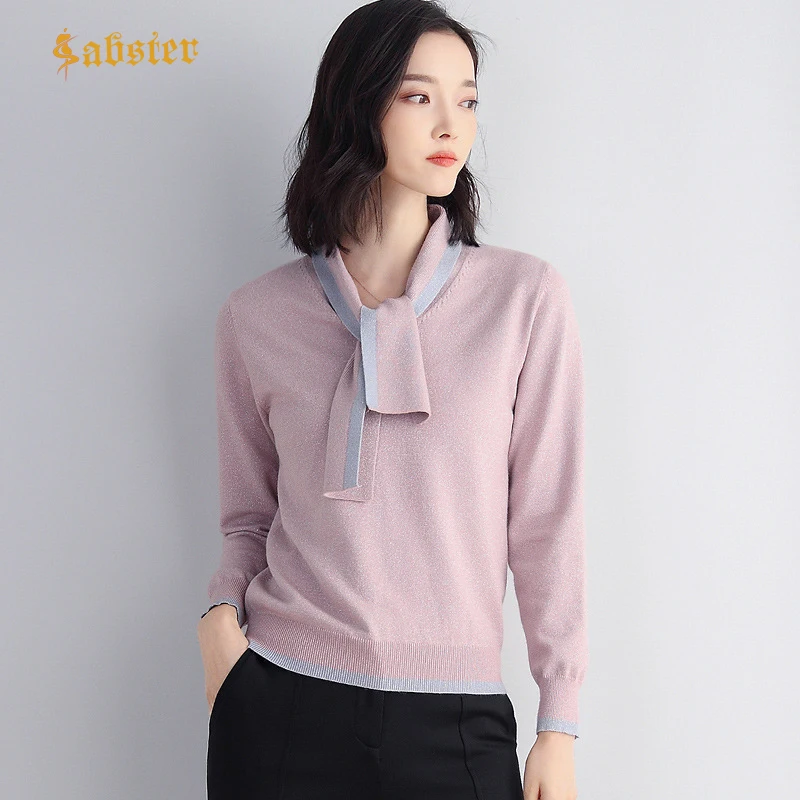 Fashion Scarf Collor Sweater Female Spring Autumn pullovers Women Bright silk Knitted Jumper Tops kz535 | Женская одежда