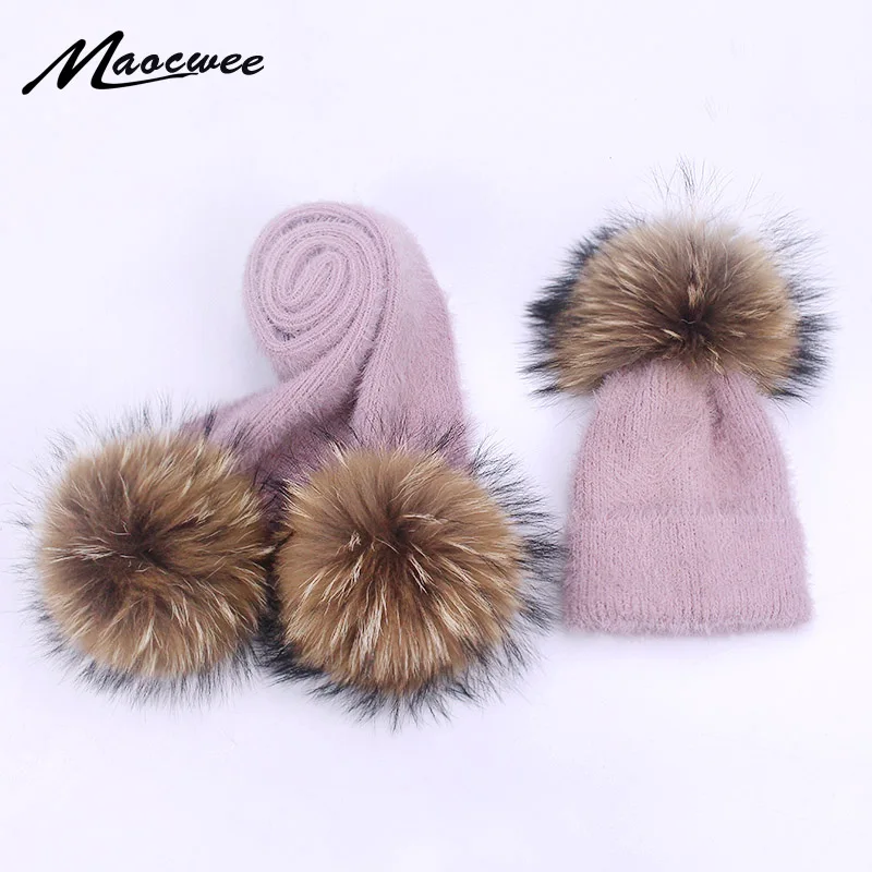 Шапка и шарф для родителей детей зимние шапки с помпоном из натурального меха