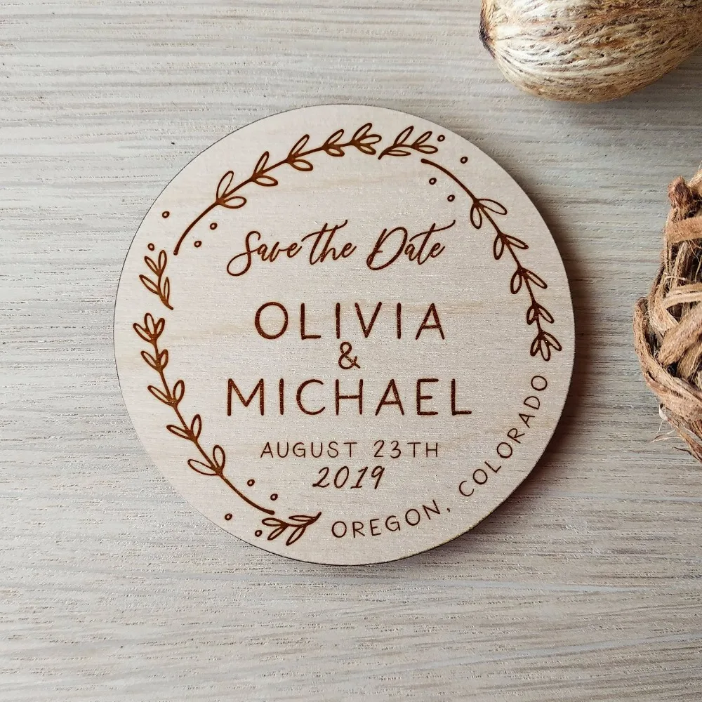 Rustic Floral Wooden Wedding save the date magnets, Custom Wood Boho Bridal Shower Centerpieces ,laser engraved name and date