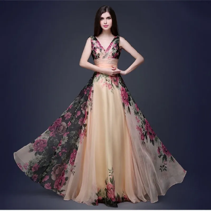 Vestidos De Fiesta винтажные Элегантные платья невесты трапециевидной формы с v-образным вырезом длинные шифоновые с цветочным принтом свадебные вечерние платья Robe De Soiree