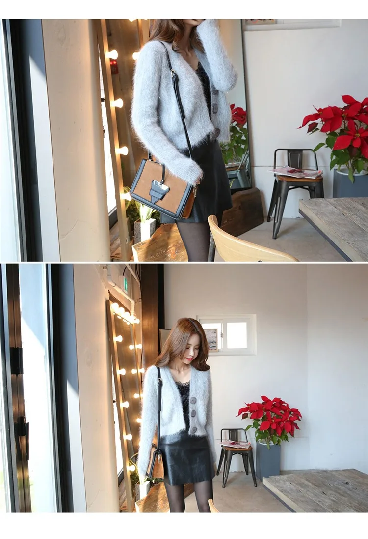 DANJEANER Korean Style Women Solid Mohair Short Cardigan Autumn Winter Warm Fashion V Neck Knitted Sweaters Pull Femmee Jackets