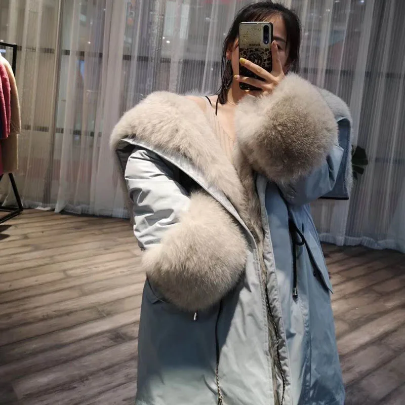 Парка с натуральным мехом, пуховик на белом утином пуху, большой размер, с капюшоном, с импортным натуральным лисьим мехом, женская одежда, новинка, толстые теплые парки - Цвет: Sky blue