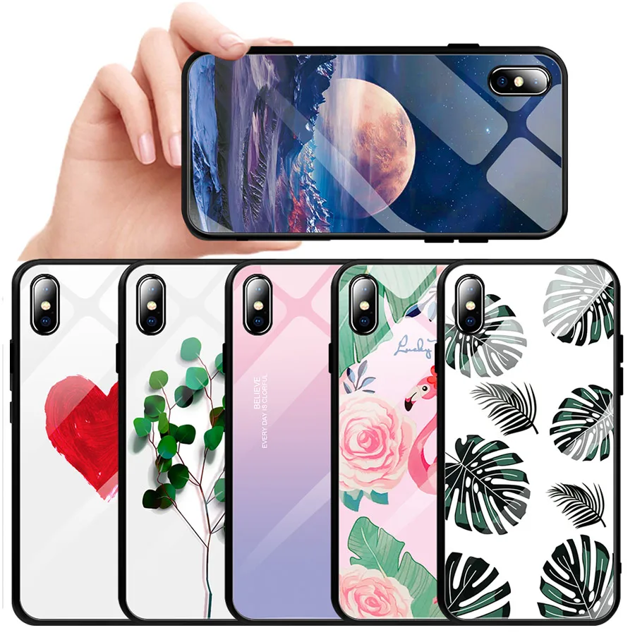 

IQD Ultra Thin Painted pattern Glass Phone Case For iPhone X XS Max XR 8 7 6 6S Plus TPU Bumper Protective Glass back Cover