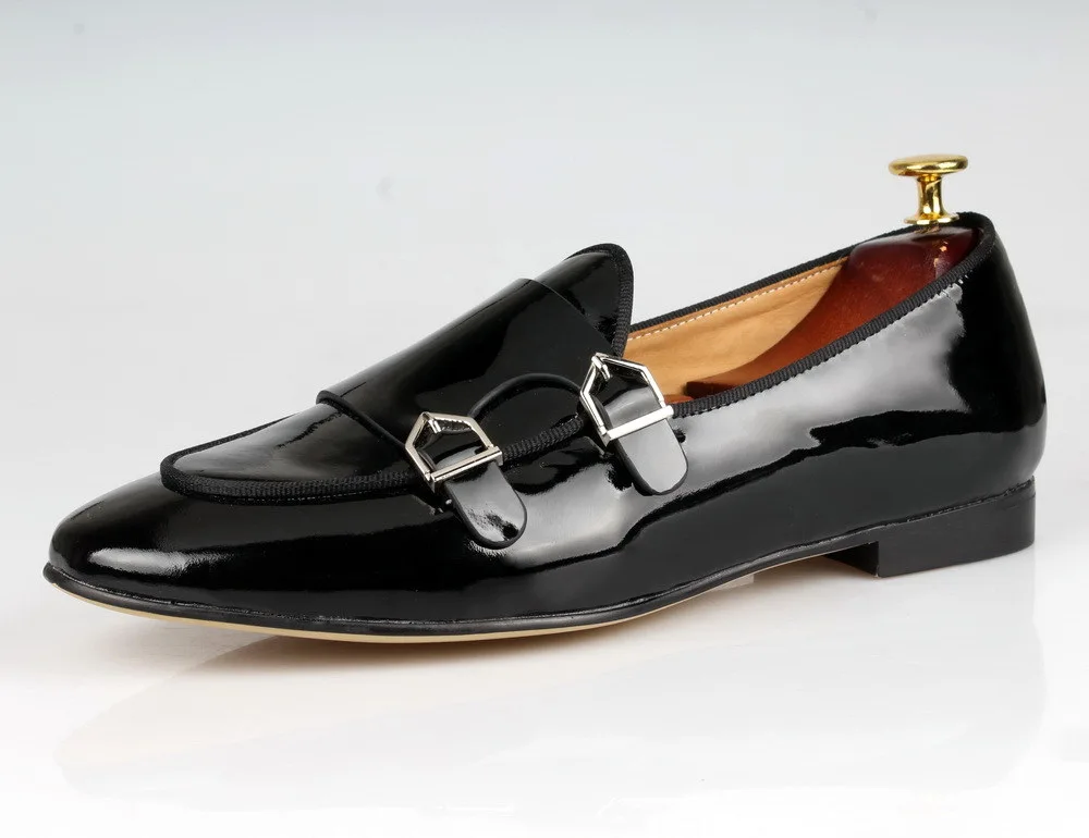black Patent leather Cool Tiro/Полированная кожа двойной монах Лоферы Мужские Мокасины Тапочки Свадебные модельные туфли Туфли без каблуков повседневная обувь чёрный; коричневый синий - Цвет: black Patent leather