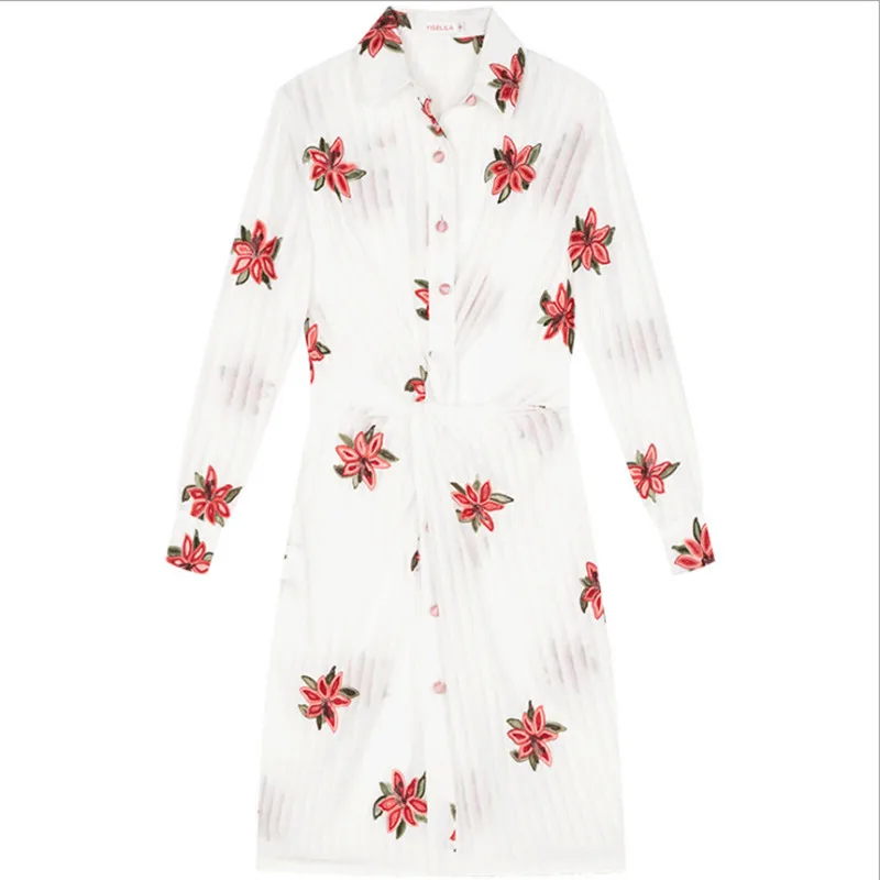 

Women dress sweet flower embroidery ruffles elegant pleated white color half transparency turn-down collar dress for girls