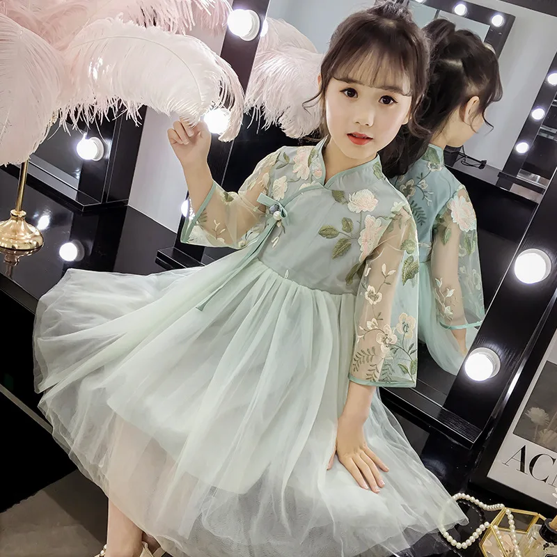 2019 Spring New Girls Dress Embroidery Chinese Style Kids Princess Dresses For Children Party 4-14 Years | Детская одежда и обувь