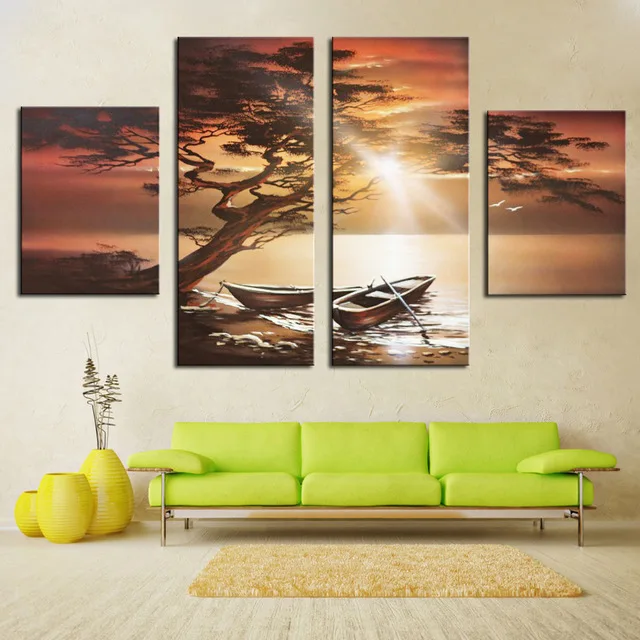 

Modern Hand Painted Sunrise Landscape Oil Paintings Large Size Beautiful Tree On Canvas for Bedroom Decoration 4 Panel Unframed