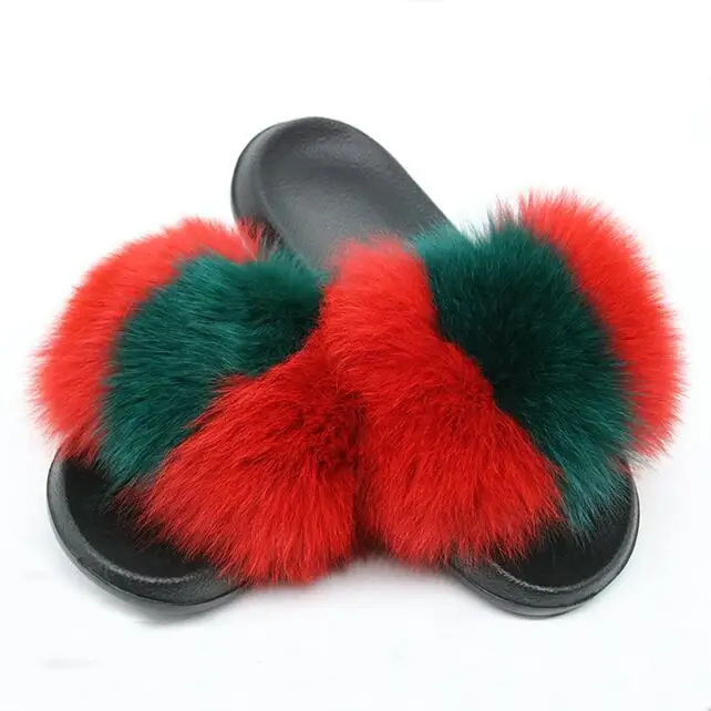 red green ZDFURS/; Лидер продаж; женские шлепанцы с лисьим мехом; Разноцветные Летние модные шлепанцы; женские меховые домашние Вьетнамки; пляжные сандалии - Цвет: red green