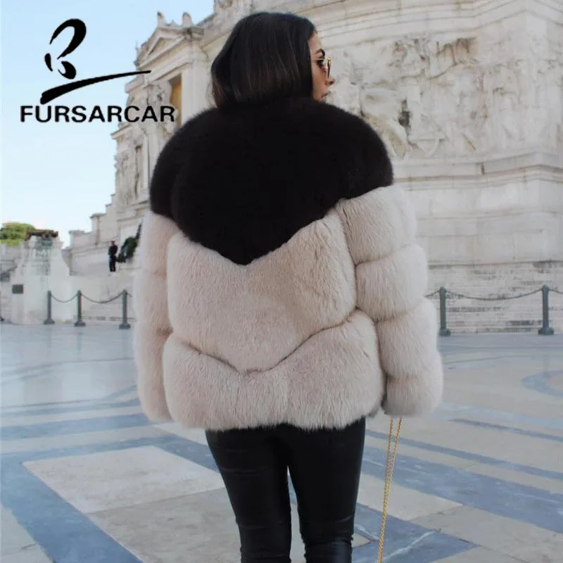 FURSARCAR 2018 натуральный Лисий мех пальто для Для женщин О образным вырезом 60 см