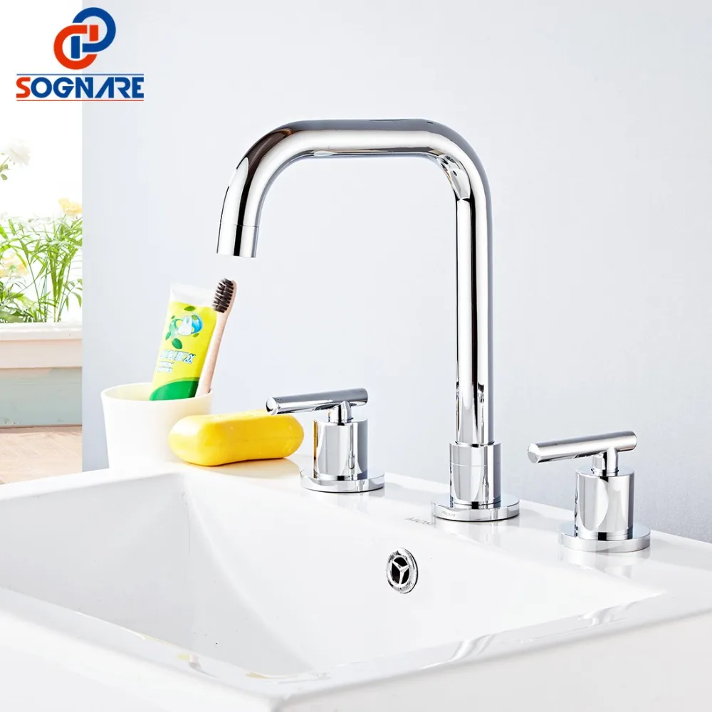 

SOGNARE Contemporary Chrome Brass Basin Faucet for Bathroom Sink Faucet Cold Hot Water Tap Basin Mixer 3 Hole Double Handle Taps