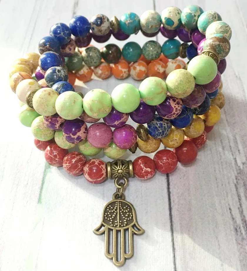 Hamsa charm Ruberthen модный дизайн 7 Чакра Regalite бусины браслет латунь Ом Шарм Йога браслет 108 мала энергетический баланс ювелирные изделия - Окраска металла: Hamsa charm