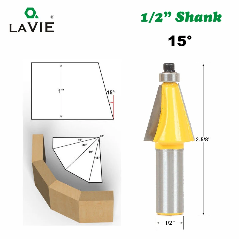 LAVIE 1 шт. 1/" хвостовик 11,25 15 22,5 градусов фаска и коническая фреза для отделки кромки бит две флейты деревообрабатывающие фрезерные режущие биты MC03062 - Длина режущей кромки: 15 Degree