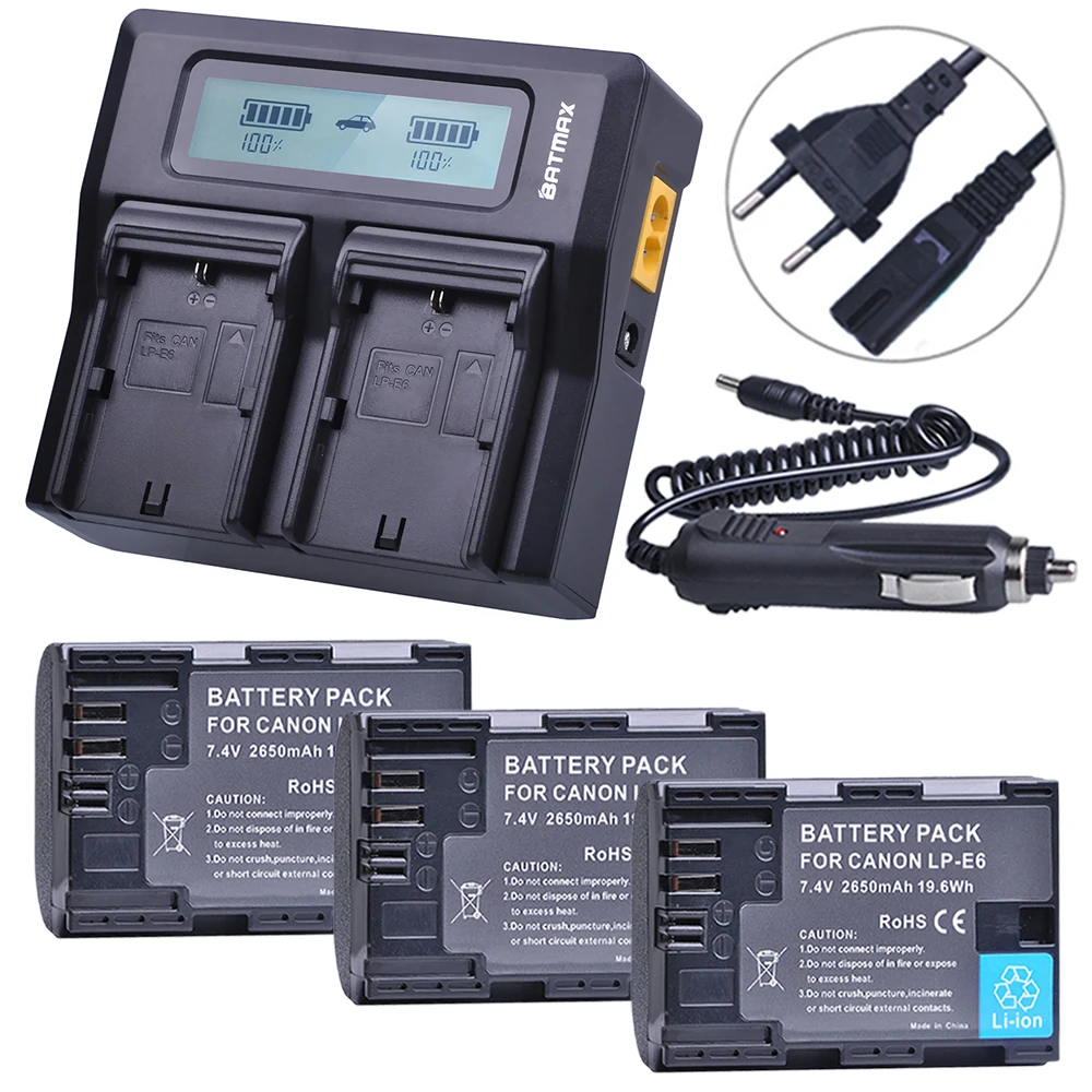 3Pcs 7.4V 2650mAh LP-E6 LPE6 LP E6 Battery + Rapid LCD Dual Charger for Canon 5D Mark II/III 6D 7D 60D 60Da 70D DSLR EOS 5DS | Электроника