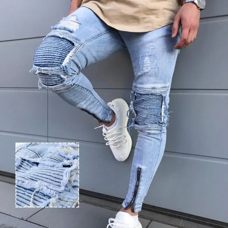 Модные мужские Привет улица Мужчины Проблемные Denim Joggers отверстия на коленях мыть