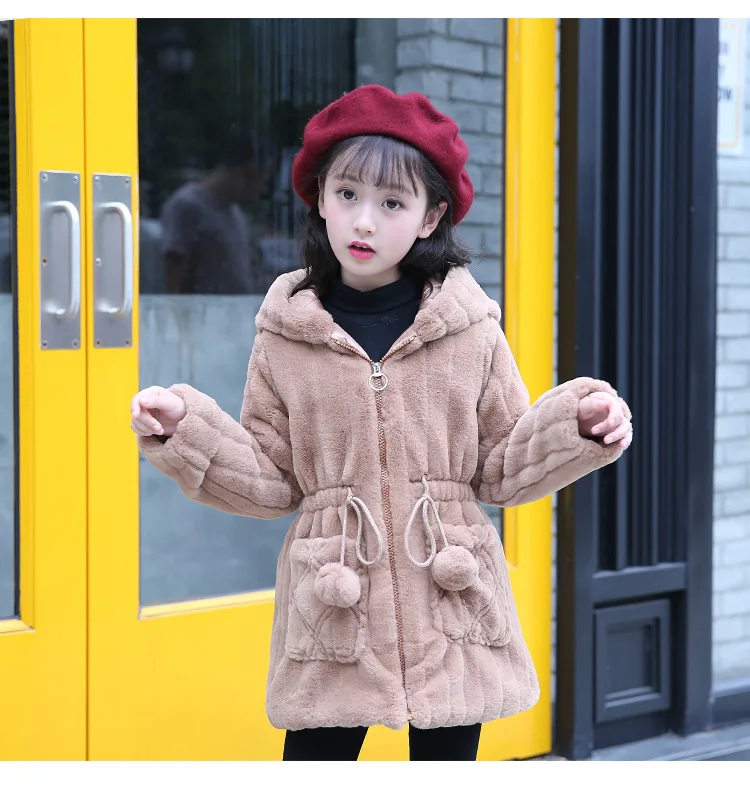 Зимнее длинное шерстяное пальто из искусственного меха для девочек 3-12 лет