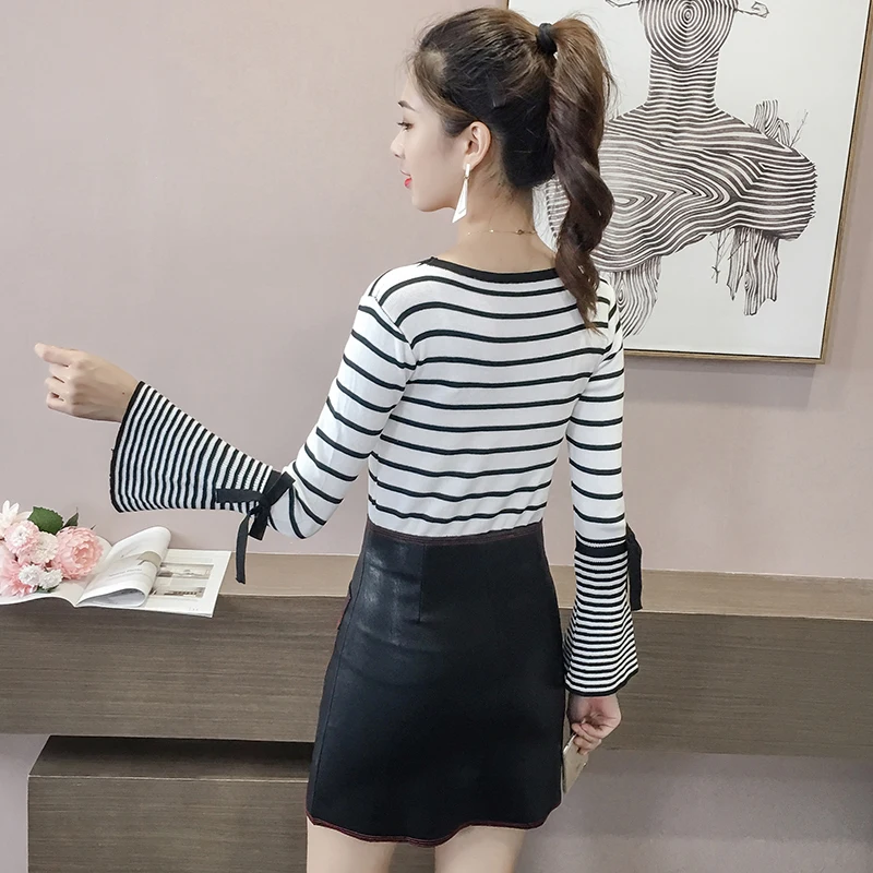 Fashion Women Sweater Knitted Top Striped Flare Long Sleeve Casual Slim Autumn Clothing Elegant Pullovers | Женская одежда