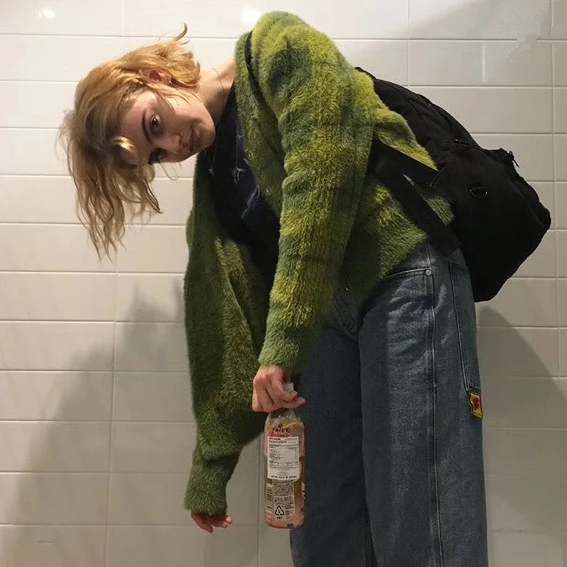 Harajuku Зеленый Клетчатый укороченный свитер для женщин 2018 осень зима винтажные