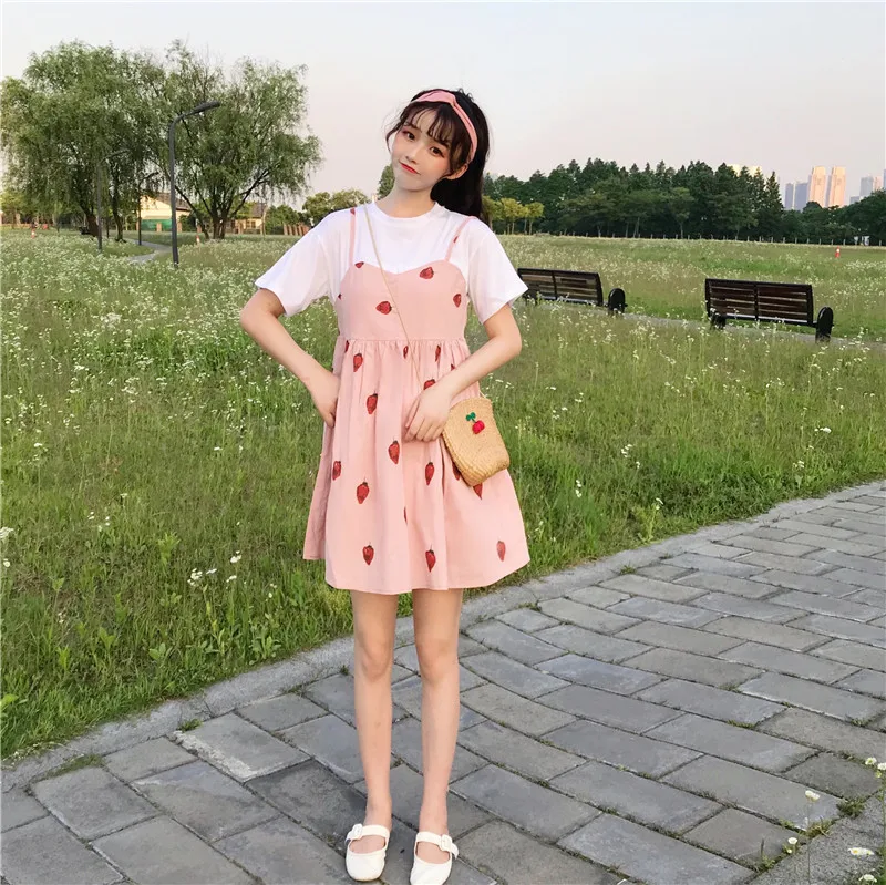 Новые летние милые платья в японском стиле для женщин, Kawaii, клубничный принт, короткий рукав, поддельные два предмета, платье для девочек, милое платьице