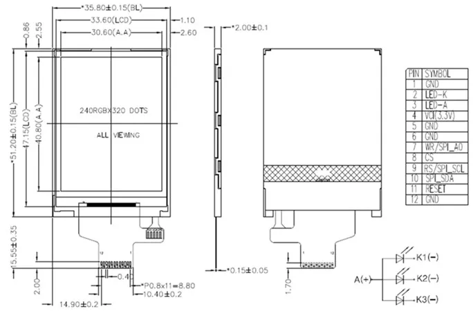 Ips 2,0 дюймов 12PIN 262K SPI TFT lcd цветной экран ST7789V Привод IC 320(RGB)* 240