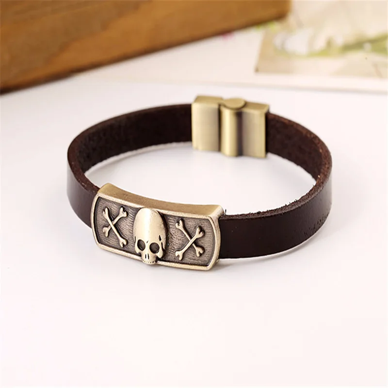 New Arrival Brown Leather Bone Skull Bracelets Zinc Alloy Skeleton Wrist Band for Fashion Male Female Viking Pirates Jewelry | Украшения и