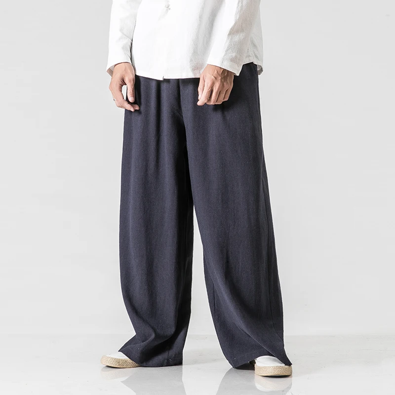 Брюки мужские с широкими штанинами прямые штаны из хлопка и льна повседневные