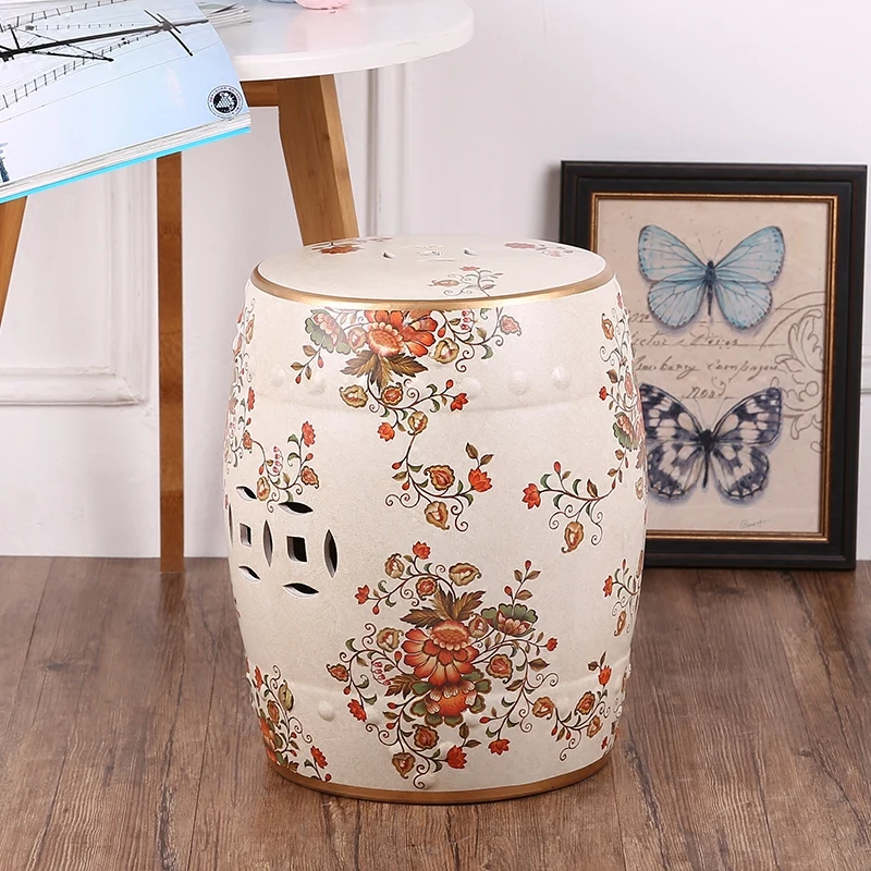 

American Country Retro Ceramic Drum Stool High-grade Painted Ceramic Stool European Retro Dressing Shoe Stool small