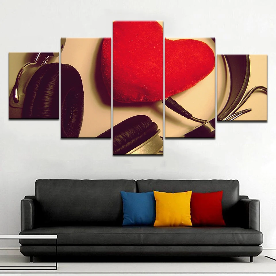 5 Panel/piece HD Print Take headphones red heart love fashion wall posters Canvas Art Painting For home living room decoration | Дом и сад