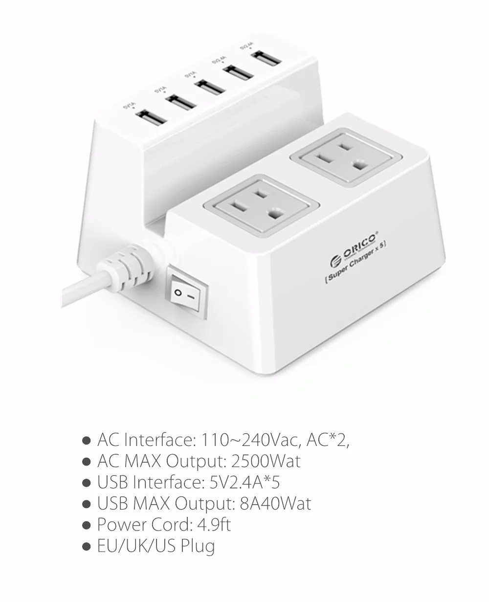 ORICO ODC-2A5U-V1, умное настольное зарядное устройство, 5 usb портов, 2 розетки переменного тока, Расширительная розетка для iPhone 7, мобильного телефона