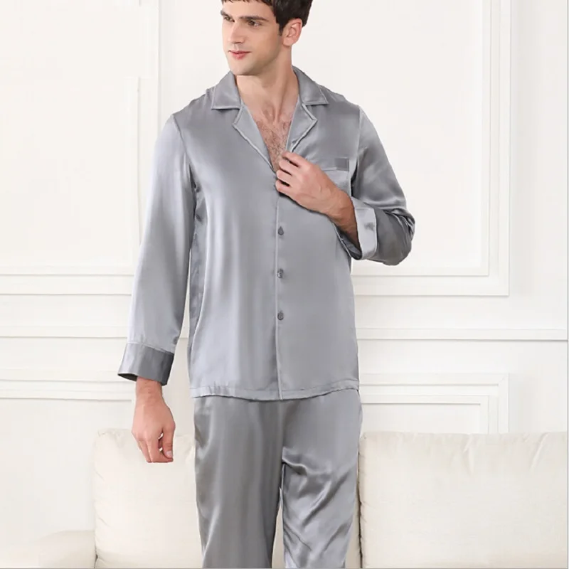 

Pajamas Set Silk Stain Man Summer Autumn 2019 Men silk sleepwear homewear long sleeve grey tops and pants two piece sets pijamas
