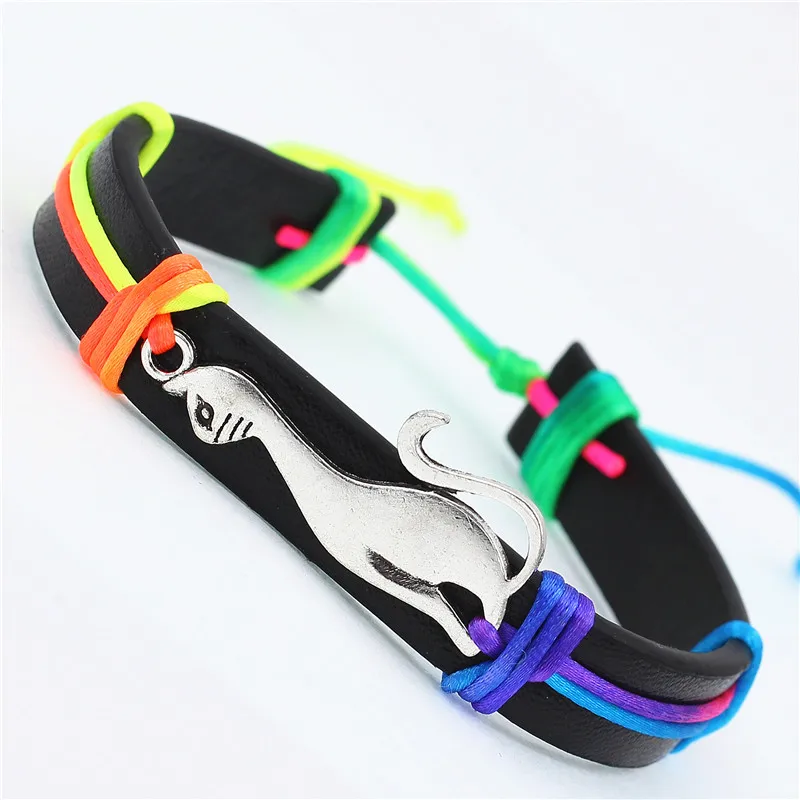 Antique Cute Cat Charms PU Leather Bracelets Lovely Animal handmade Braid colorful Jewelry kids Gifts for drop shipping | Украшения и