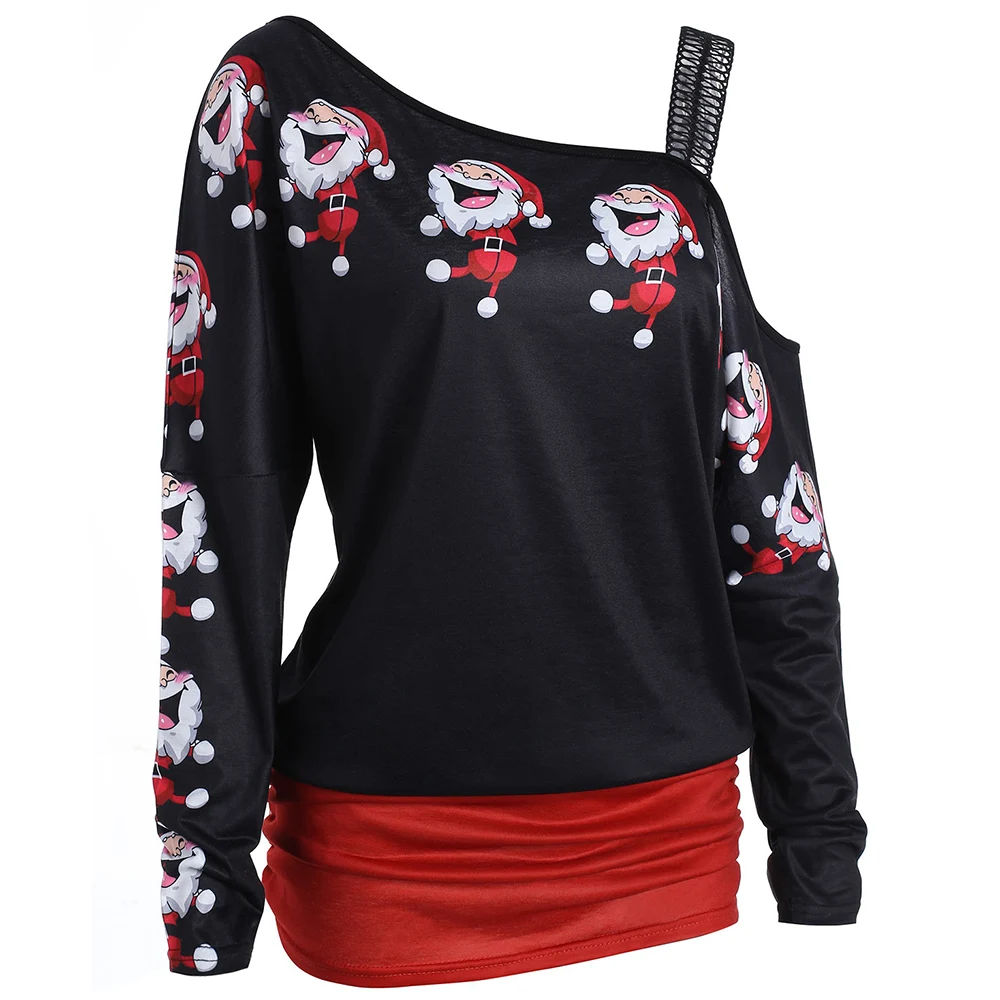 Wipalo Hotsale Cold Shoulder Santa Claus Laugh Print T-Shirt Harajuku Women Merry Christmas Camiseta Mujer From S-2XL | Женская одежда