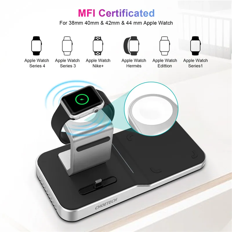 Сертифицированная Беспроводная зарядная док станция CHOETECH 4 в 1 7 5/10 Вт MFi для iPhone
