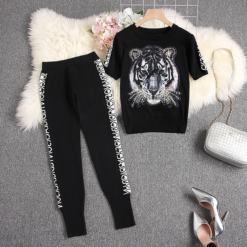 ALPHALMODA, летний трендовый вязаный свитер с тигром+ брюки-карандаш, 2 шт., вязаный костюм для женщин с коротким рукавом, трикотажные спортивные костюмы