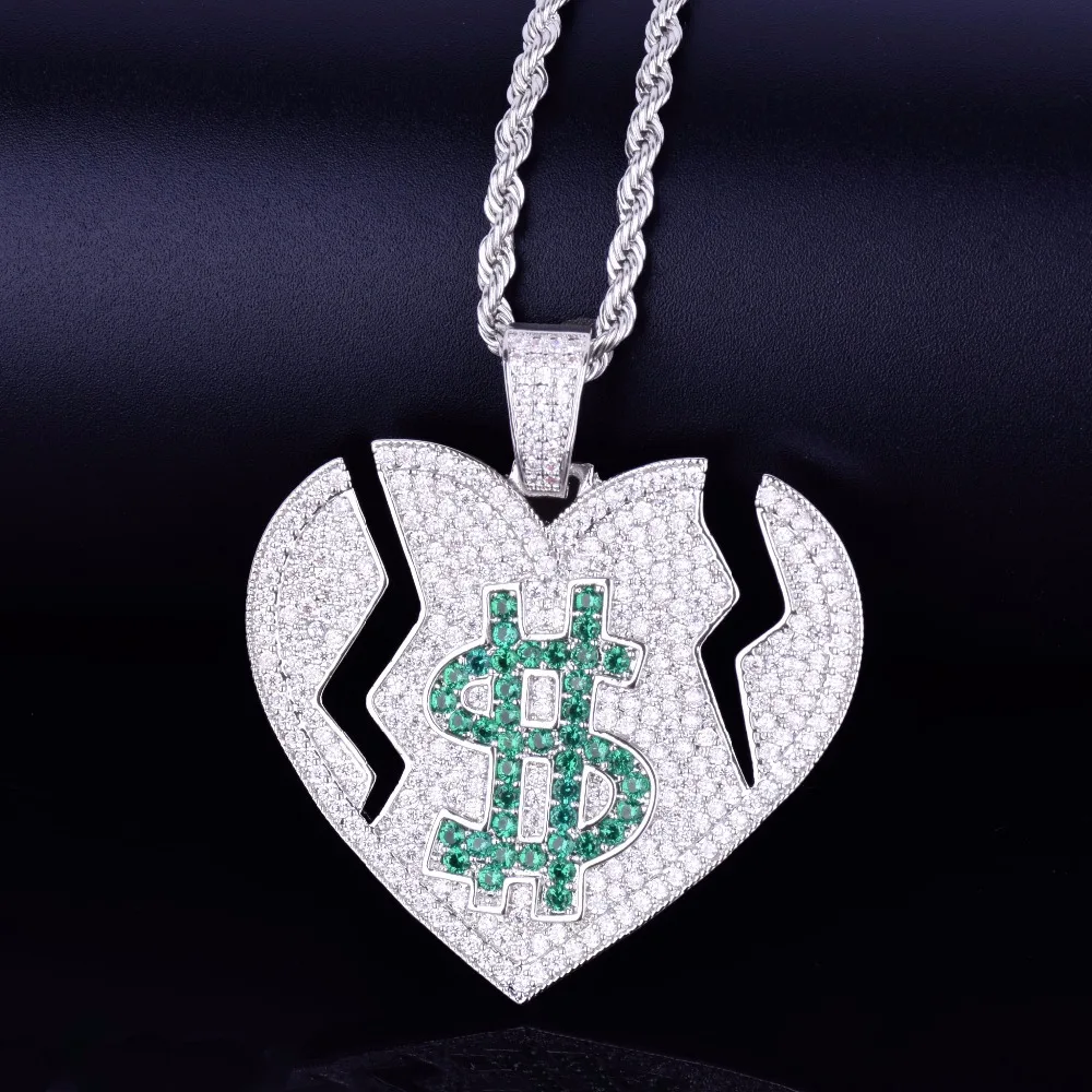 Iced Out Broken Heart Dollar Symbol Love Pendant Necklace With Tennis Chain AAA Cubic Zircon Men's Women Hip hop Rock Jewelry
