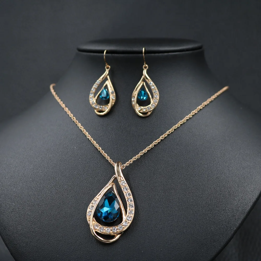 Комплект из колье и серёг с синим кристаллом|necklace earring set|party jewelry setfashion set |