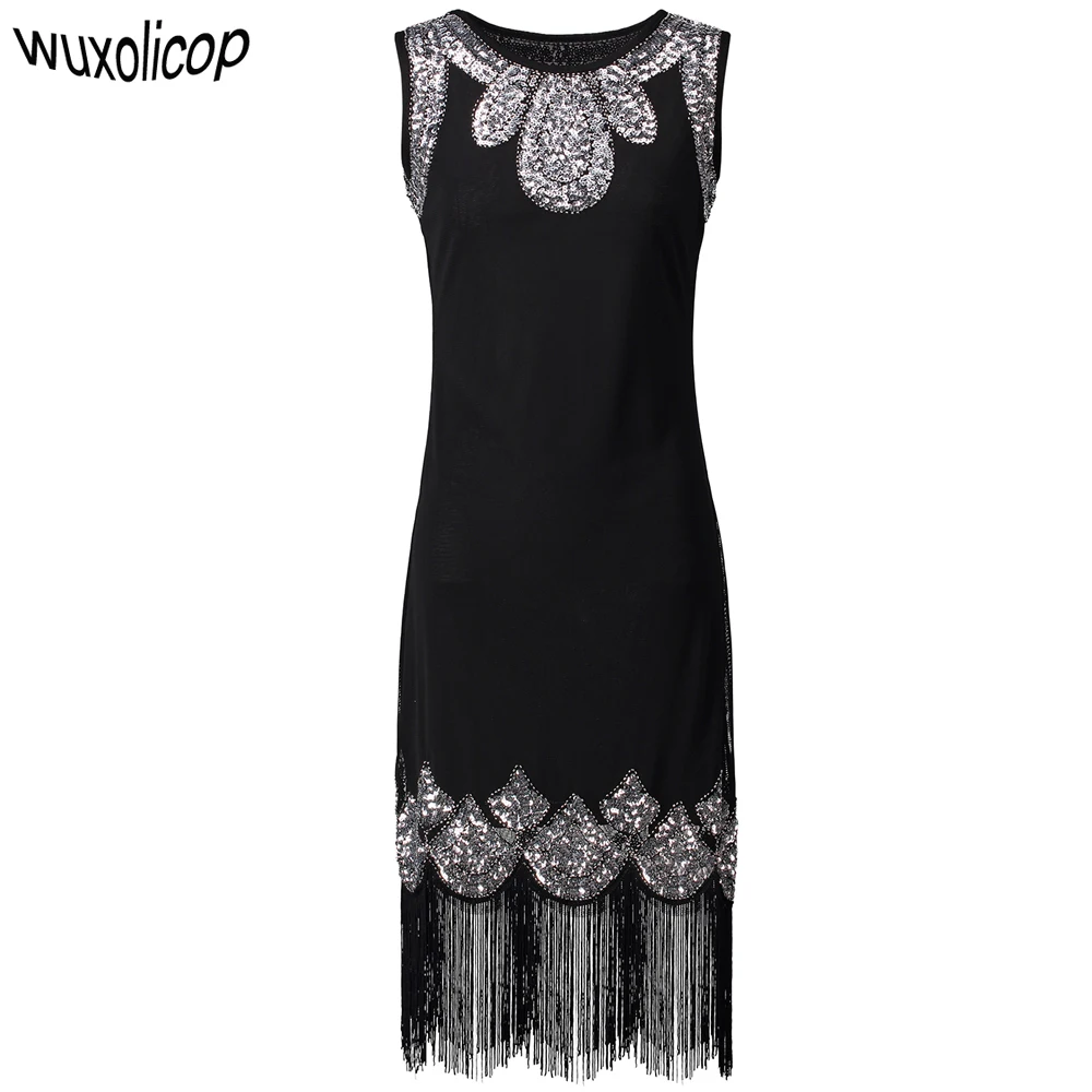 Обтягивающее маленькое черное платье миди Vestido для женщин 1920s винтажное платье с бахромой из бисера и пайетками Gatsby туника топ ЦЕЛЬНОКРОЙНОЕ ПЛАТЬЕ