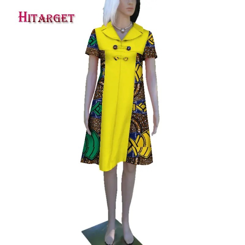 

2019 african dresses for women wax cotton V-neck Short sleeve and Knee dress african print clothing for women WY3509