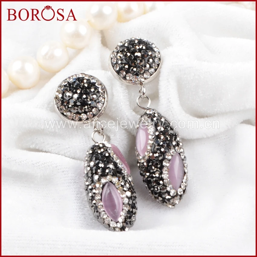 BOROSA 5 Пар Модных druzy Висячие серьги розовый кошачий глаз камень бисера овальной