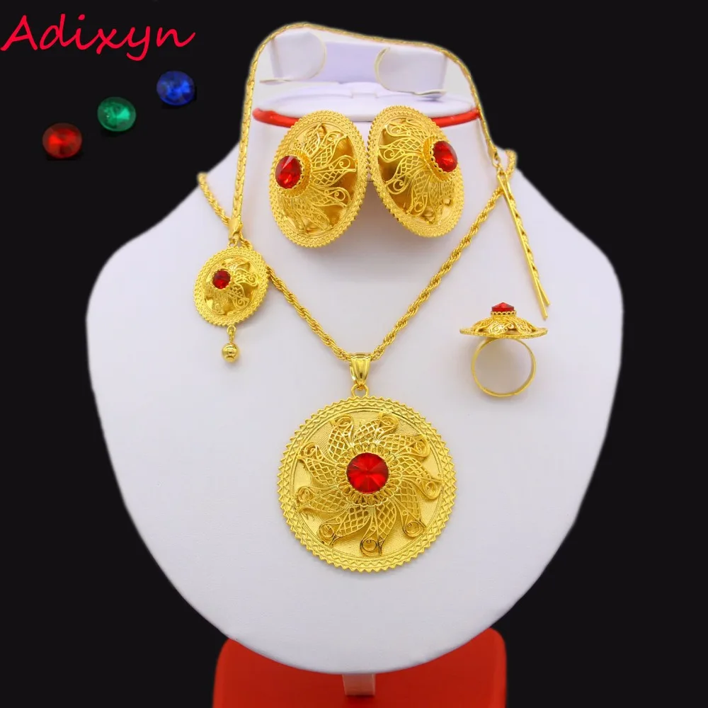 

Adixyn Ethiopian Jewelry set 24K Gold Color Crystal Necklace/Pendant/Hair Chain/Earring/Ring Middle Easter Habesha Wedding set