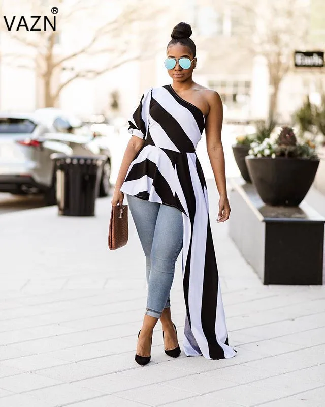 Женское платье VAZN ассиметричное длинное в полоску с одним плечом и коротким